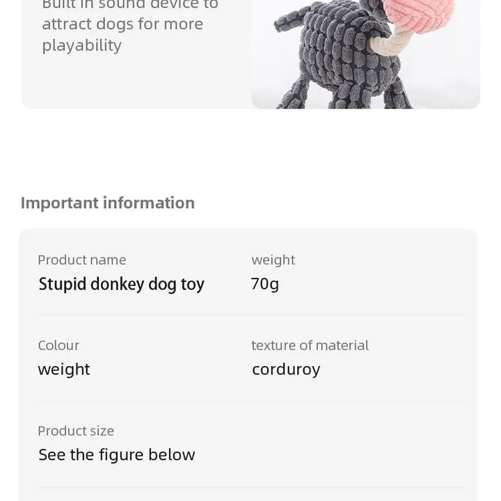 Dog Sounding Toy Molar Training Decompress Interactive Bite Resistant Donkey Shape Plush Toys Pet Supplies